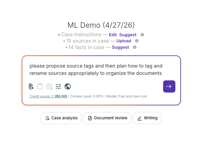 User instructing the Casefleet AI Assistant to propose source tags and plan how to tag and rename sources